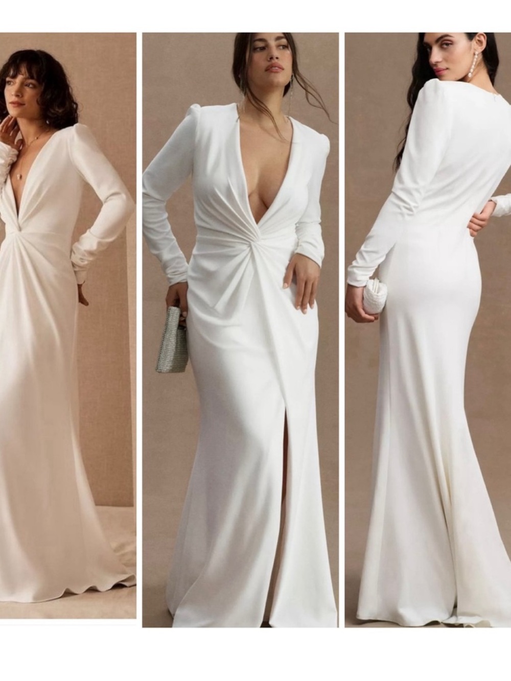 Tadashi Shoji White and Cream Long-Sleeve Crepe Wedding Gown